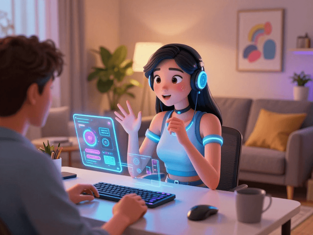 NSFW AI girlfriend interaction in a cozy workspace setting with digital displays.