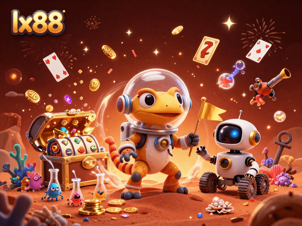 Experience exciting gaming at lx88 with Martian geckos and floating slot reels in a vibrant 3D illustration.