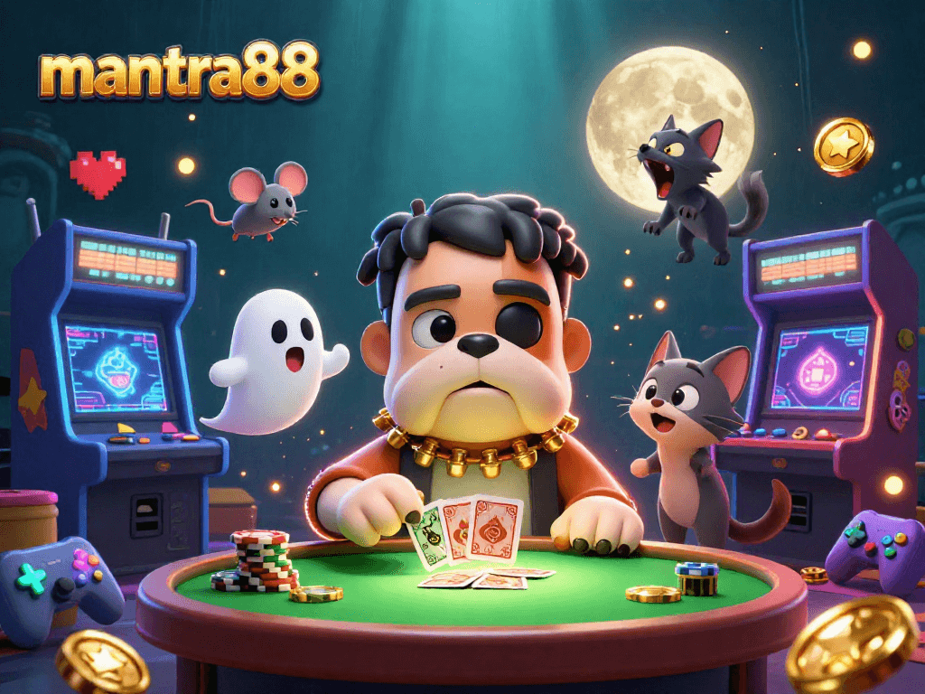 mantra88's lively casino scene with a Frankenstein bulldog dealing cards alongside a ghost mouse and a werewolf kitten.