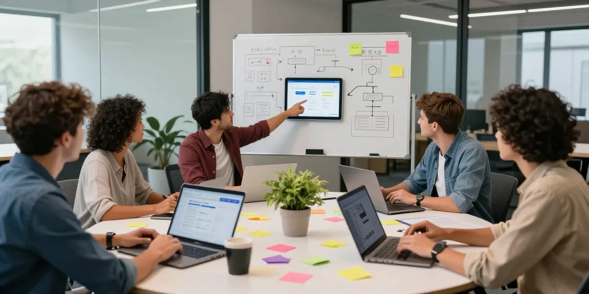 Build internal tools with AI through collaborative team work in a modern workspace with diverse professionals.