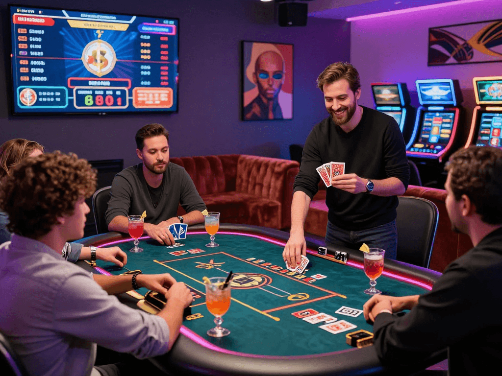 Exciting crypto casino atmosphere with diverse players at a gaming table.