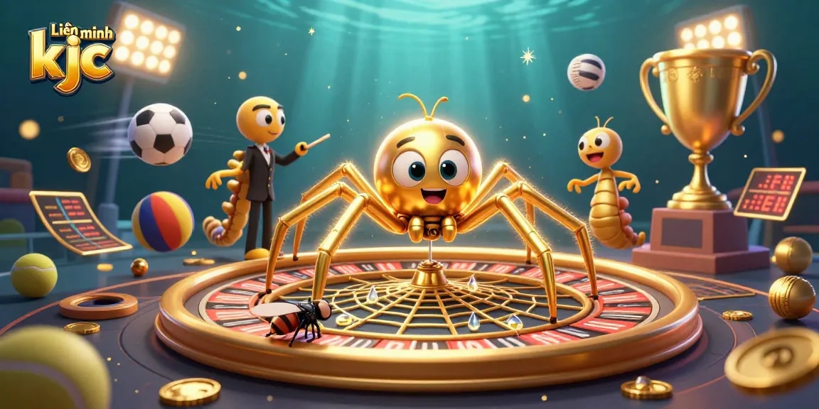 Engage with Liên minh kjc in a dynamic casino experience featuring a spider roulette wheel, sports elements, and lively characters.