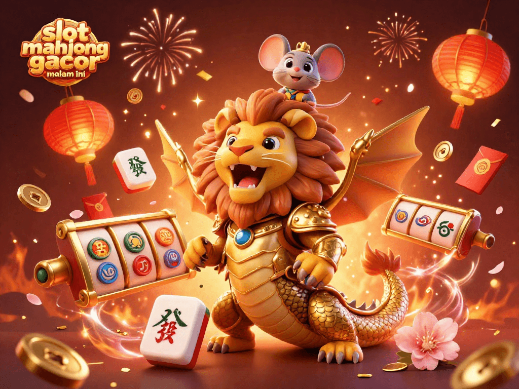 Engage in slot mahjong gacor malam ini with vibrant 3D characters, festive symbolism, and casino elements.