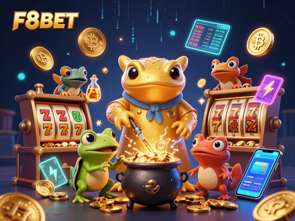 Experience F8BET with vibrant slot games and golden coins in an enchanting casino scene.