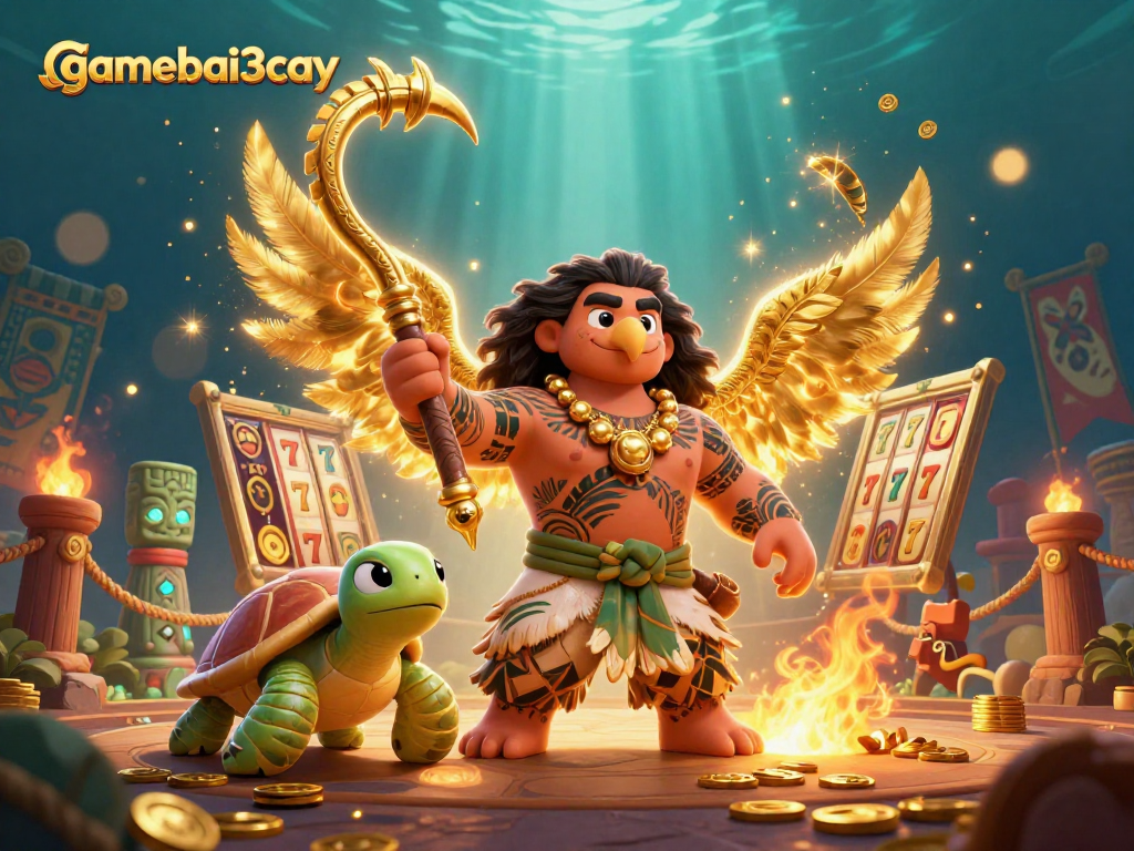 Engage in vibrant gaming adventures with gamebai3cay's Polynesian casino scene featuring lucky symbols and a dynamic atmosphere.