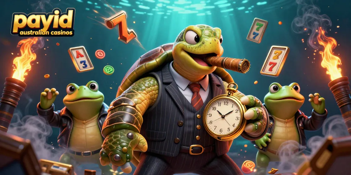 Engage with payid australian casinos featuring a whimsical snapping turtle and bullfrog enforcers in a dynamic slot game scene.