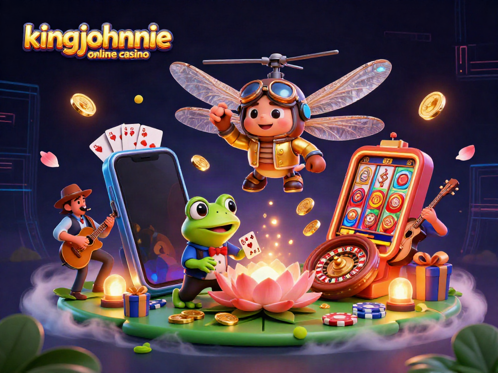 Experience kingjohnnie online casino with this vibrant 3D illustration of dynamic gaming scenes.