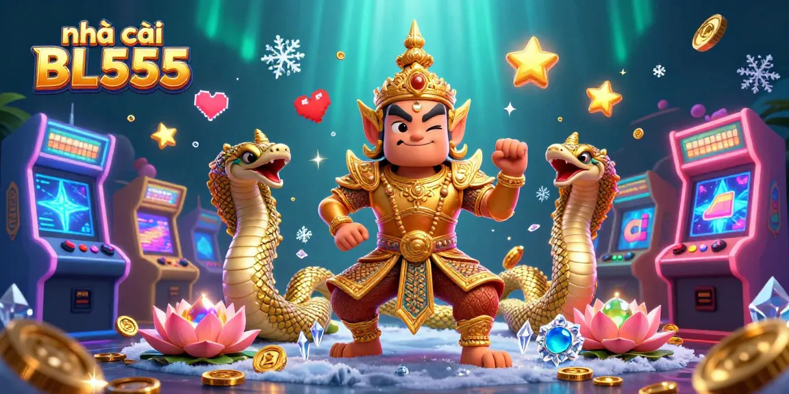 Experience the excitement of nhà cái BL555 with vibrant casino-themed 3D illustration featuring guardians and game machines.