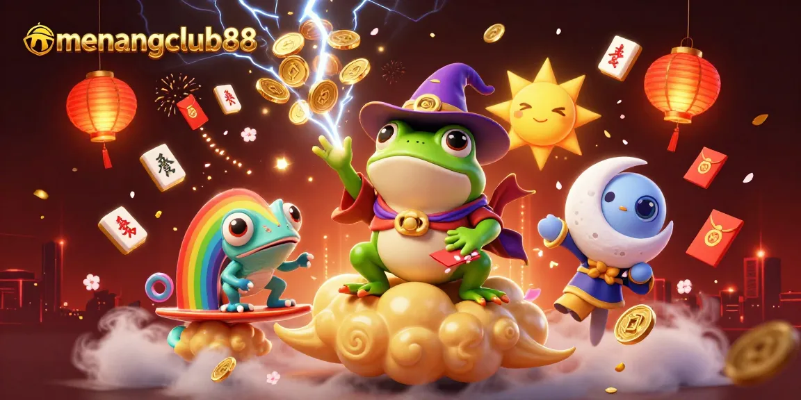 Experience exciting gaming wins with menangclub88's colorful 3D casino illustration of fun characters and magical elements.