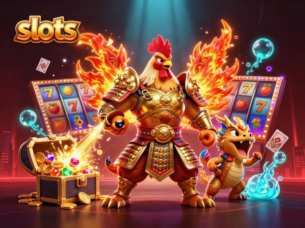 Engage in exciting slots gameplay with a vibrant scene of a rooster warrior, dragon hatchling, and a fortune cat amidst colorful casino elements.