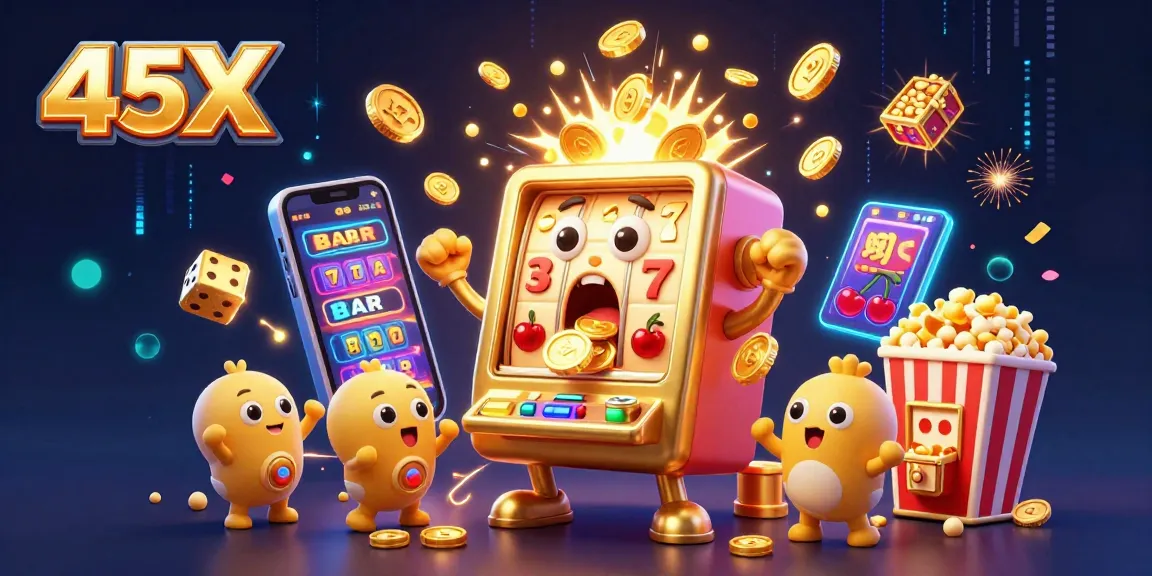 Experience jackpot excitement with the 45X golden slot machine and cheering baby slots in vibrant casino illustration.