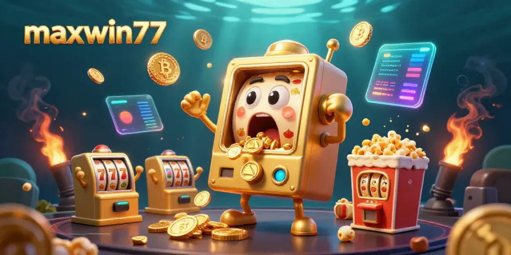 Experience maxwin77 excitement with a vibrant, animated slot machine jackpot scene full of gold coins and crypto elements.