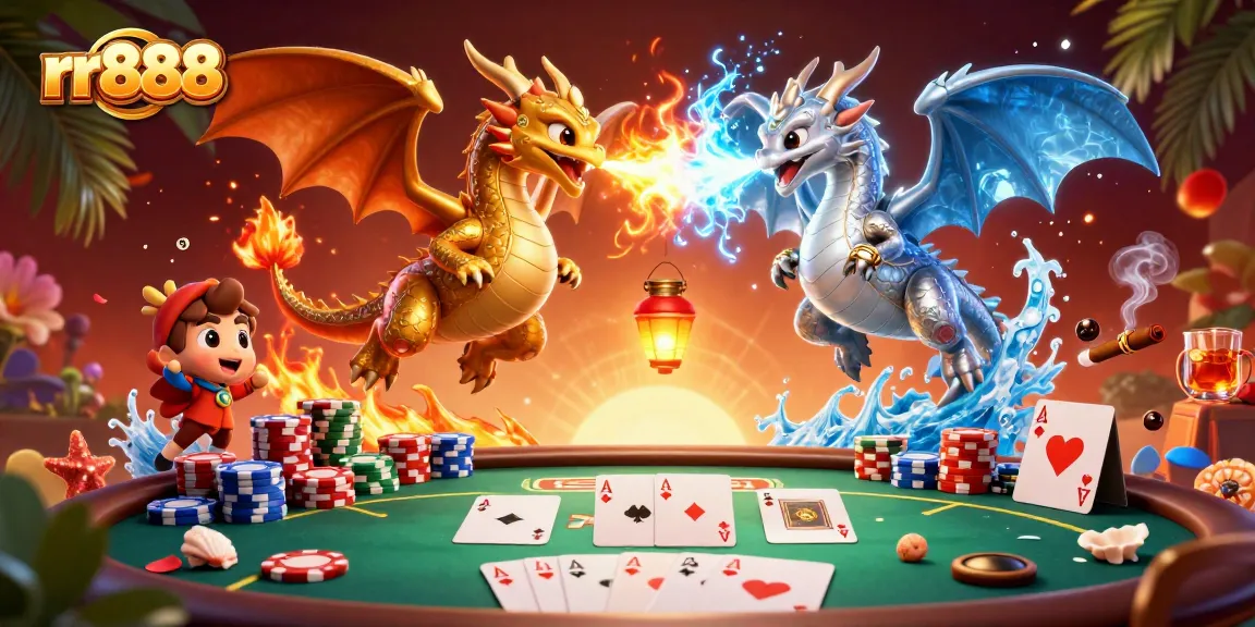 Engage in thrilling gameplay at rr888 with golden and silver dragons battling amidst poker elements.