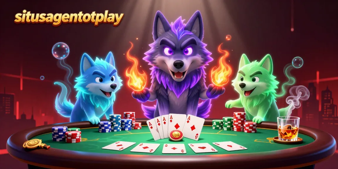Menggambarkan situsagentotoplay dalam ilustrasi 3D dengan pemimpin serigala bercahaya, penuh suasana kasino.