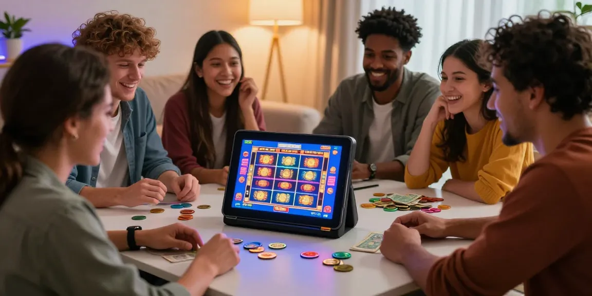 Excited players enjoying a slot online game in a cozy casino setting.