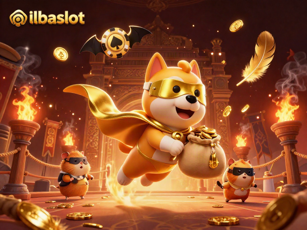 Ilustrasi kasino albaslot dengan anjing superhero terbang membawa koin emas dan hamsternya, dipenuhi elemen perjudian.
