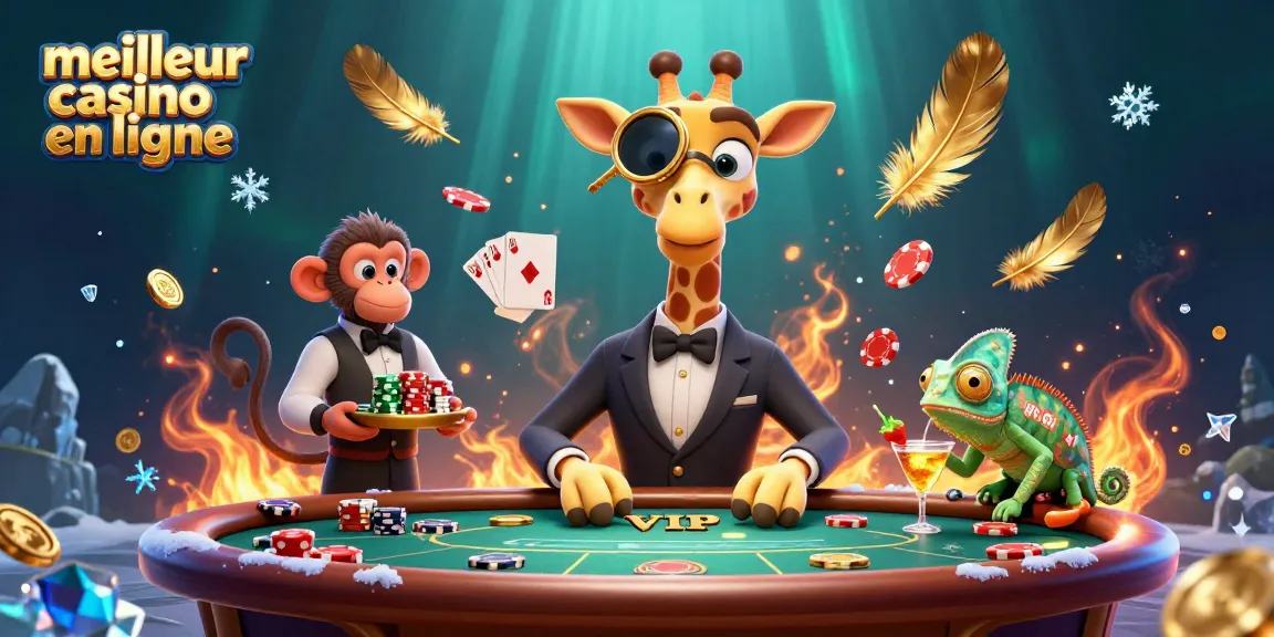 Animation illustrant le meilleur casino en ligne avec une girafe bourgeoise au poker et un barman caméléon.