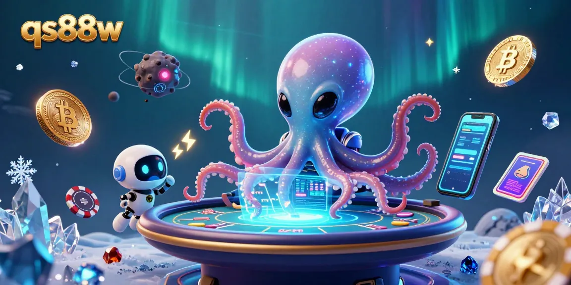 Engage with qs88w’s alien octopus at a holographic poker table amidst vibrant crypto elements.