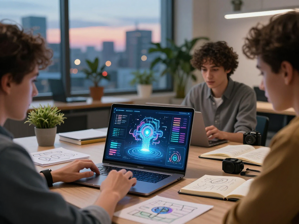 Engaged young adult exploring ai 18+ technologies in a futuristic workspace.