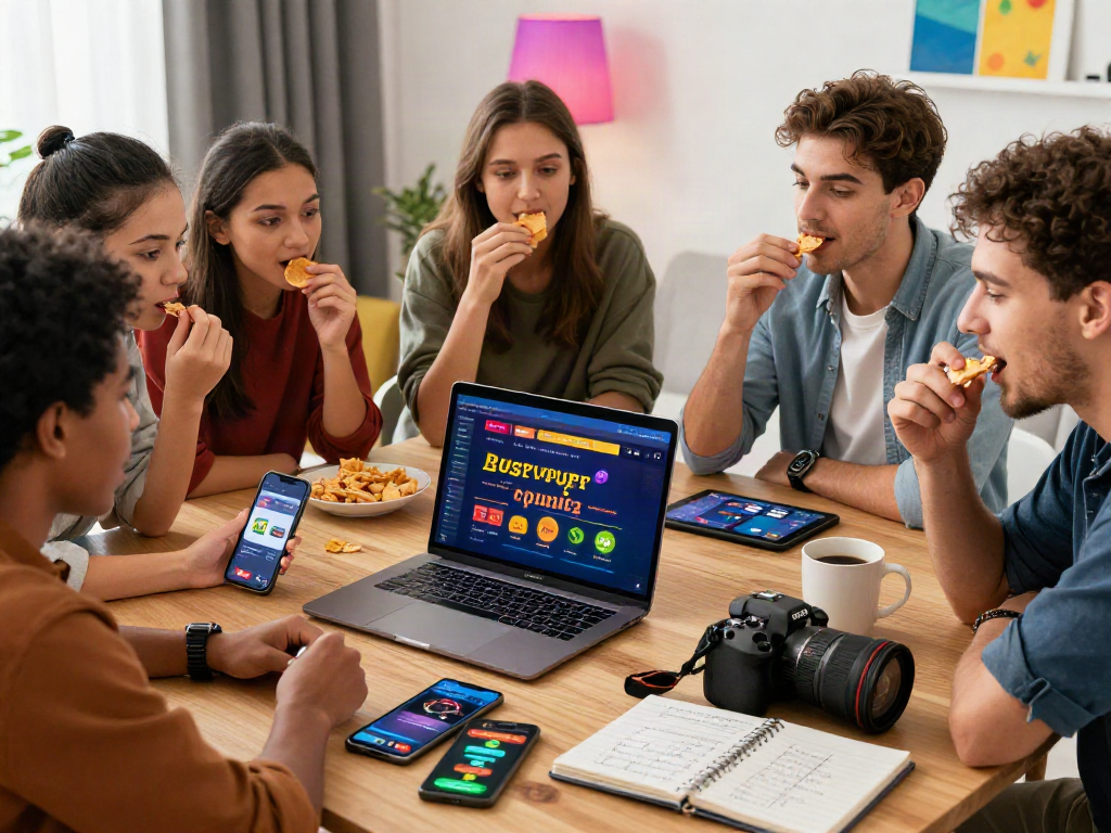 Engaged friends discussing 먹튀스팟 검증사이트 while enjoying snacks in a vibrant home setting