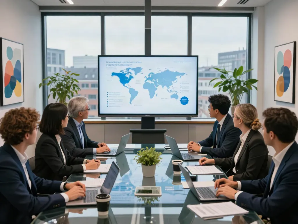 Lead Roedl team collaborating in a modern office meeting for international legal strategies.