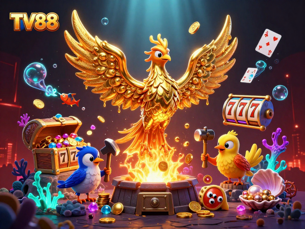 Experience the thrill of TV88 with a golden phoenix and explosive treasure in a vibrant casino scene.