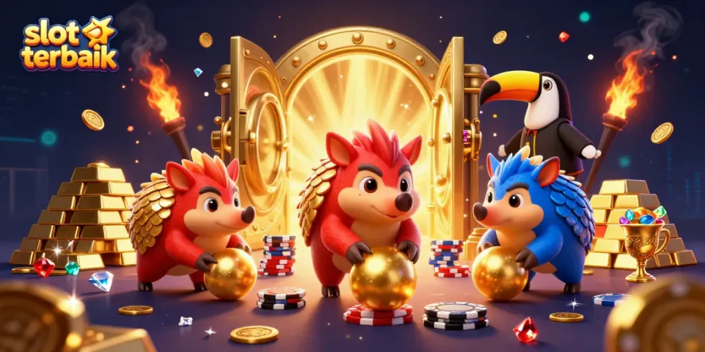 Permainan slot gacor terbaik dengan pangolin bertanding dan tumpukan chip poker berkilau.