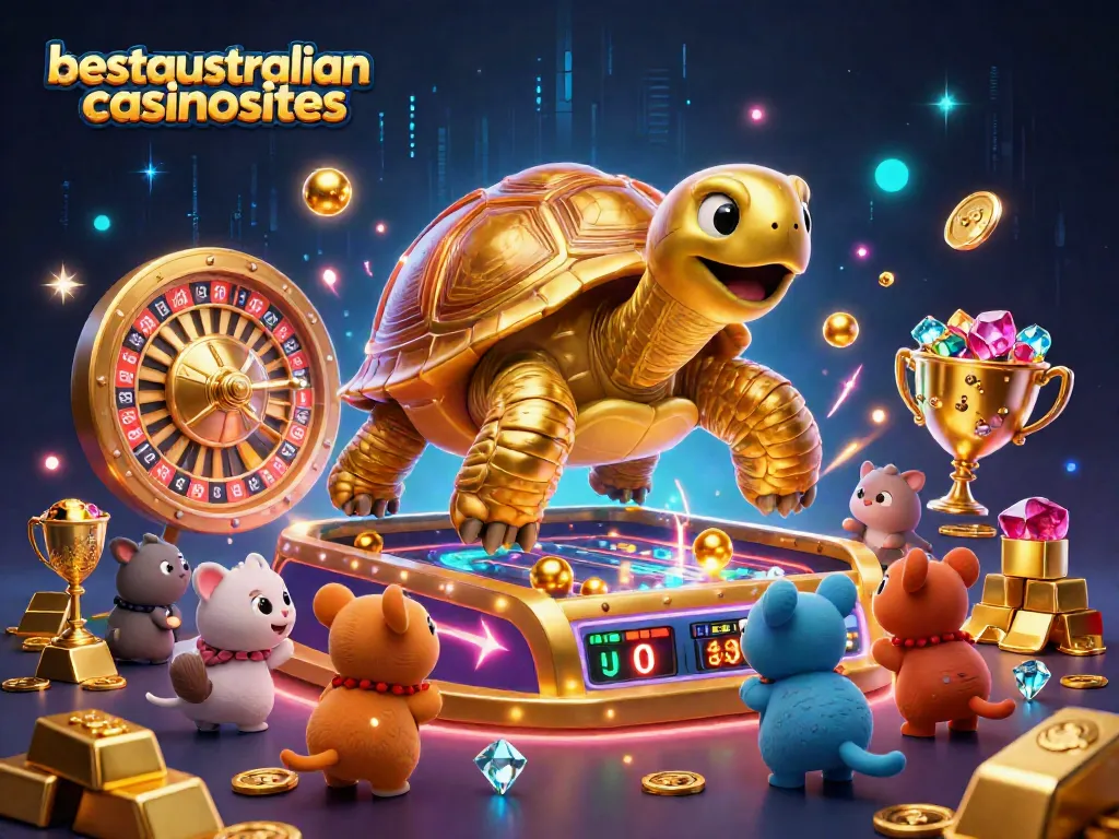 Experience online roulette excitement at bestaustraliancasinosites with a vibrant 3D illustration showcasing a golden tortoise and roulette.