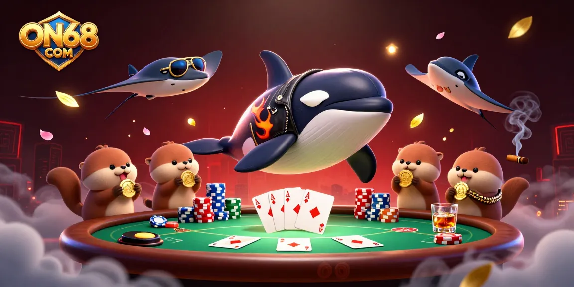 Win big with ON68 COM at a vibrant casino scene featuring animated sea creatures.