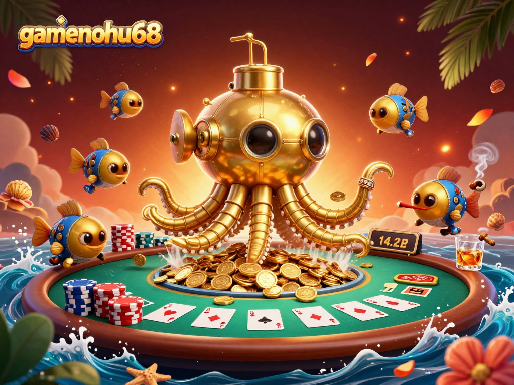 Play poker and win big with gamenohu68 in a vibrant underwater casino scene.