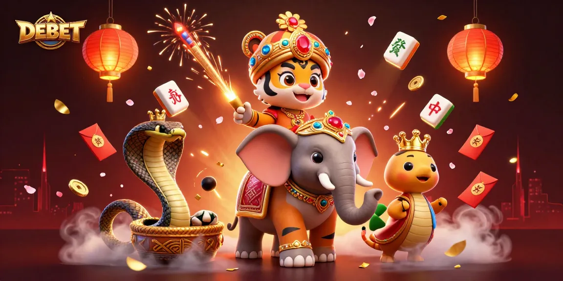 Experience thrilling gameplay with DEBET, featuring a vibrant casino scene with a majestic tiger and elephant.