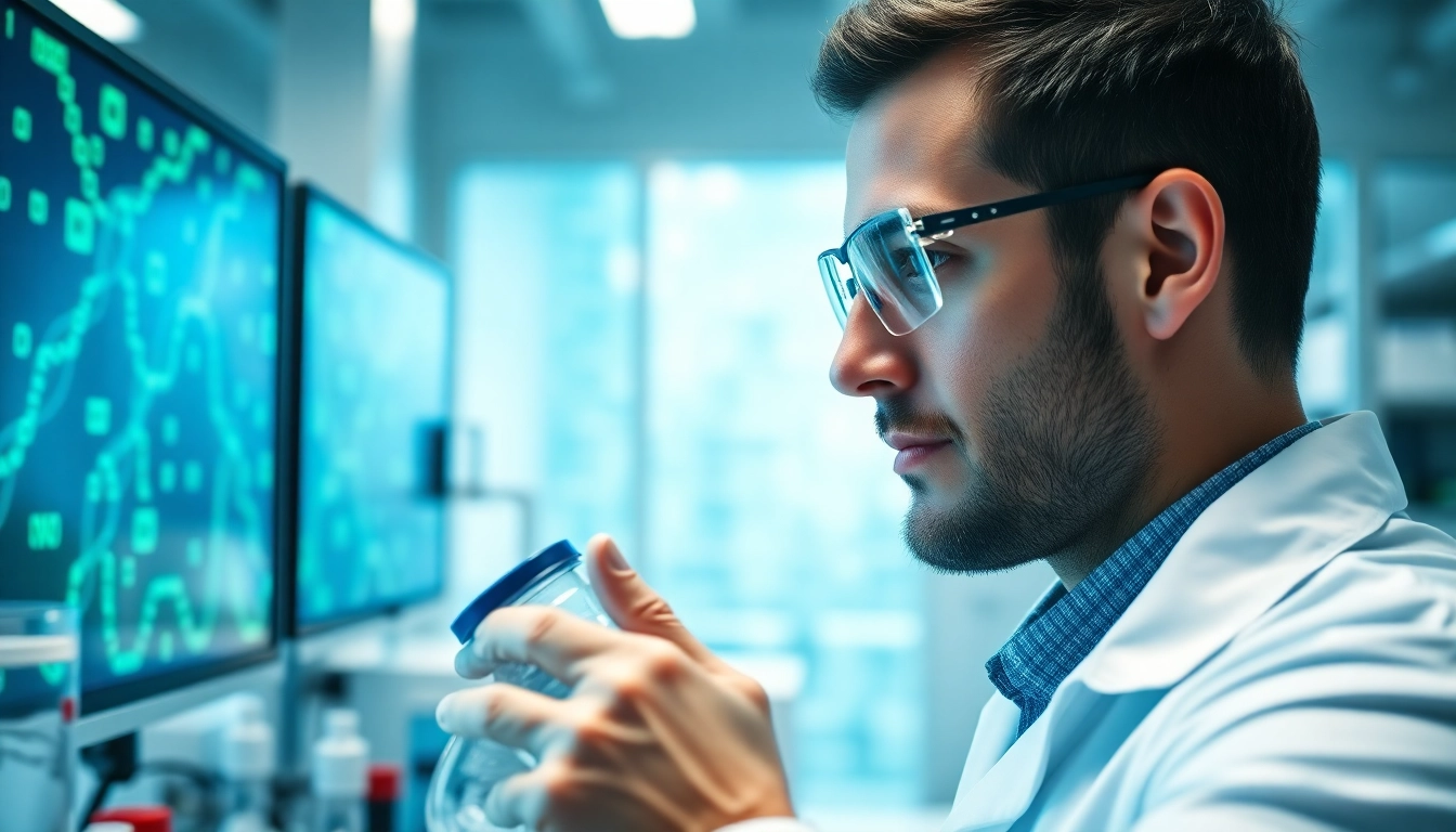 Researcher analyzing ion peptides in a dynamic lab environment showcasing advanced scientific processes.