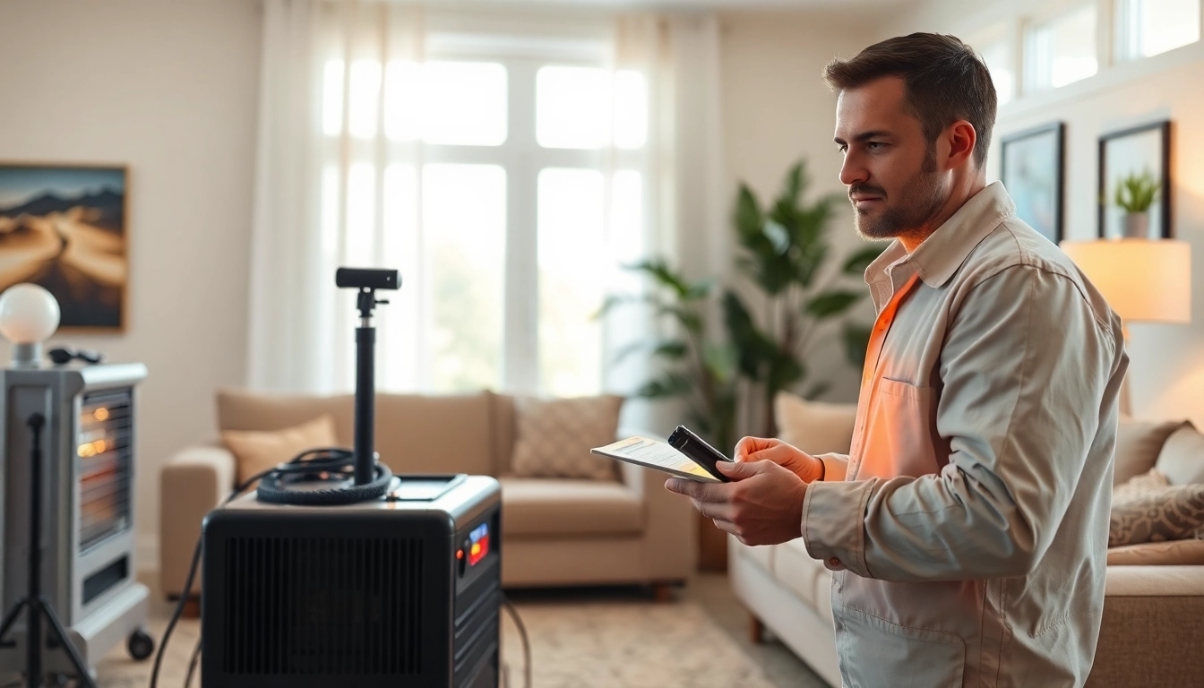 Technician performing bed bug heat treatment with specialized equipment in a bright living room.