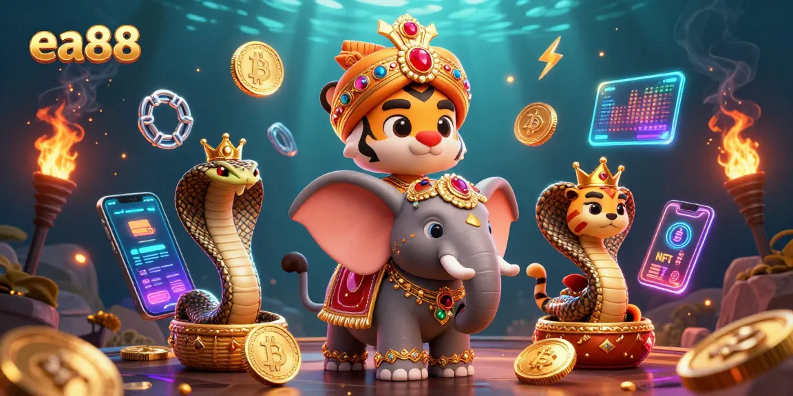 Win big at ea88 with a vibrant 3D illustration featuring a maharaja tiger, an elephant, and crypto elements.
