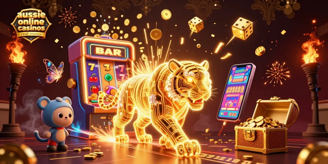 Experience the thrill of aussie online casinos real money with a vibrant digital casino scene featuring iconic elements.