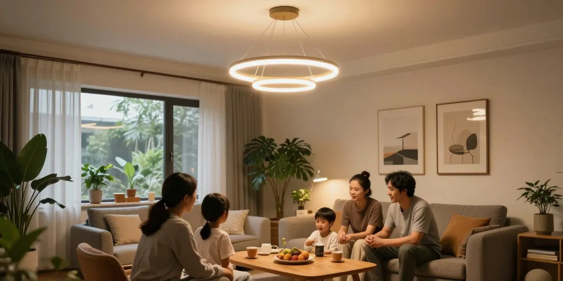 Lustra LED suspendată iluminând un living modern, cu o familie reunită, creând o atmosferă confortabilă.