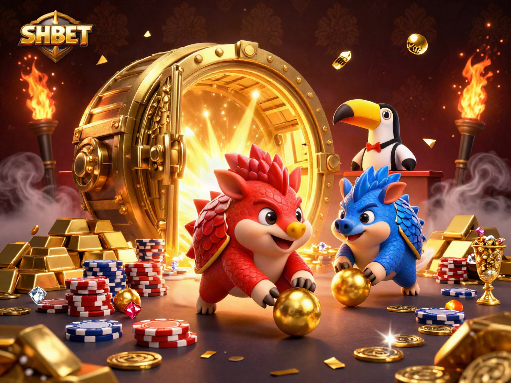 Engage with SHBET's thrilling casino action, featuring animated pangolins competing among dazzling treasures.