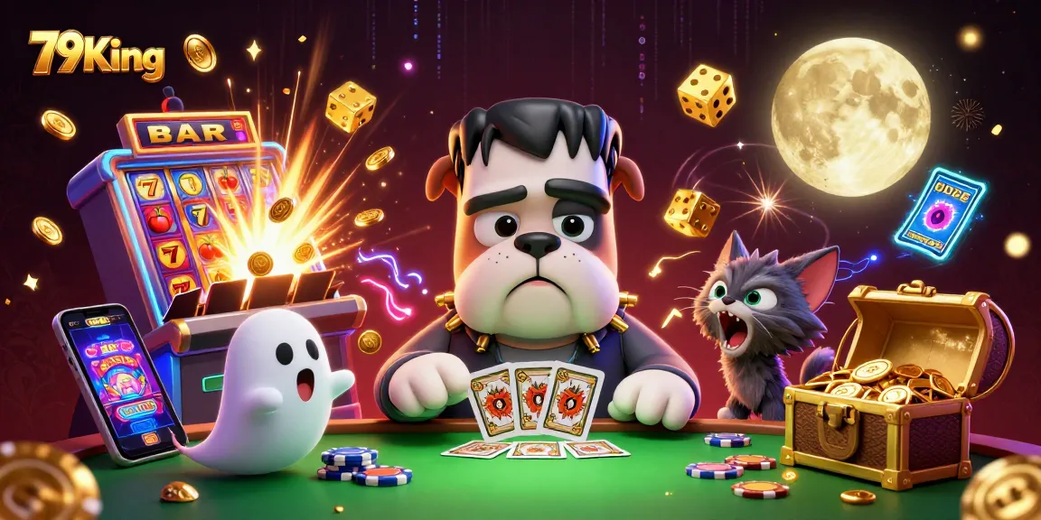 79King's fantasy casino scene with a Frankenstein bulldog and a werewolf kitten in a lively card game