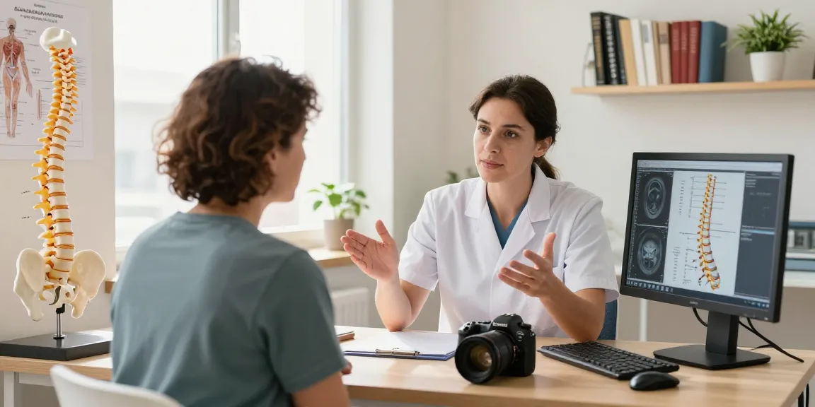 Patient discussing Bel kayması ameliyatı with an orthopedic surgeon in a clinical setting, focusing on treatment plans and spinal models.