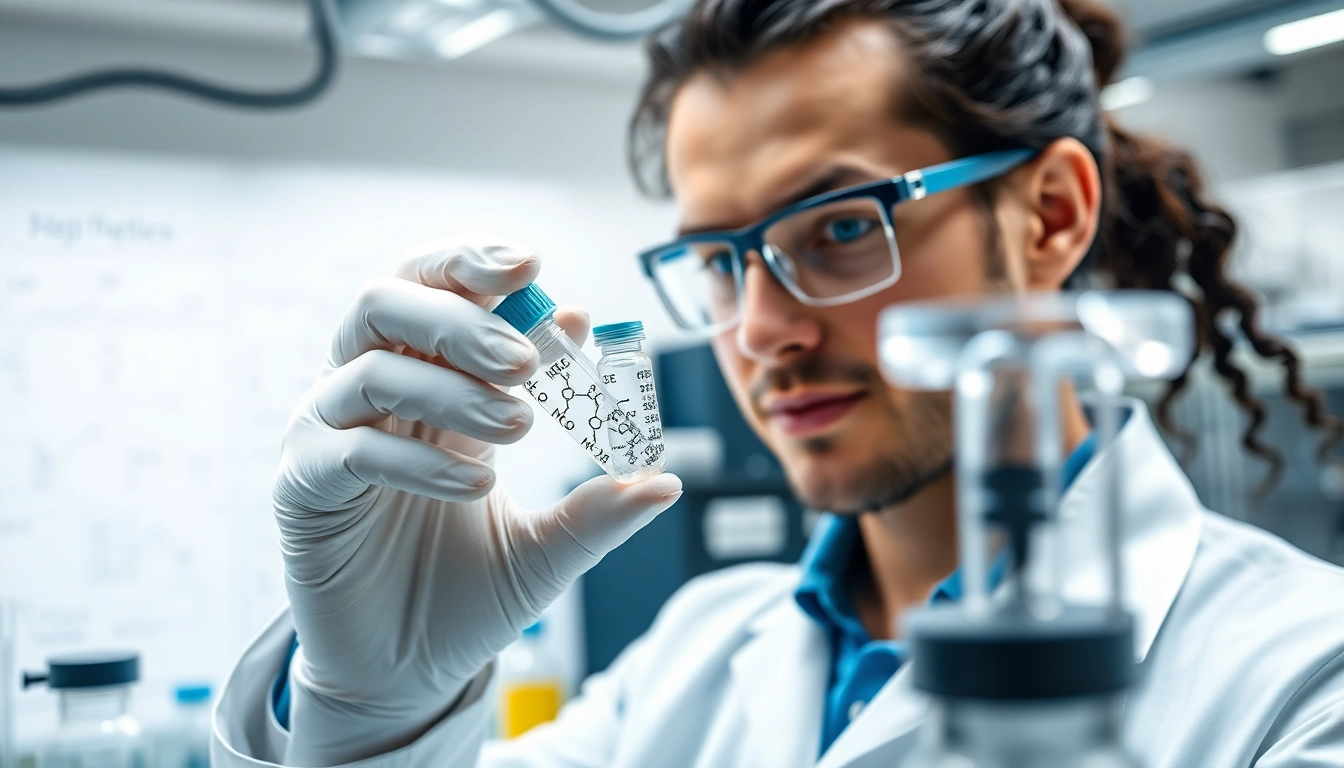 Buy research peptides in a professional lab setting, with a scientist showcasing peptide vials.