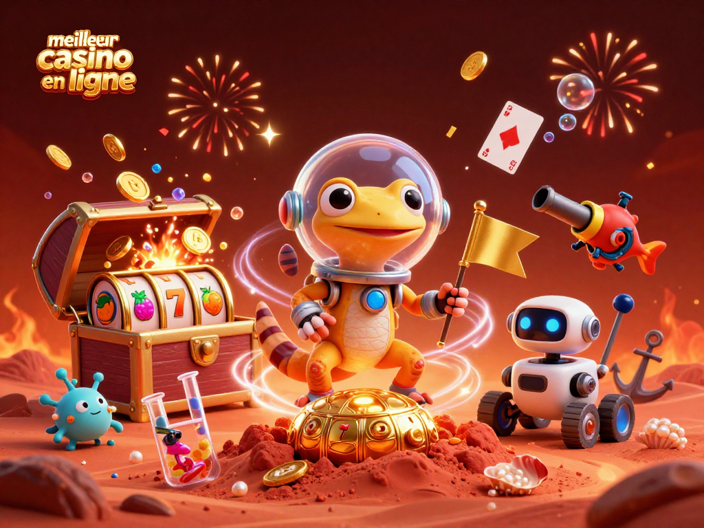 Vivez l'expérience de meilleur casino en ligne avec un gecko martien découvrant un casino en or sur Mars.