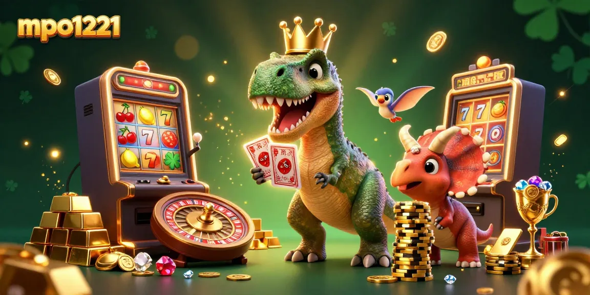 Engage with mpo1221 platform in a vibrant casino scene filled with animated characters and gaming elements.
