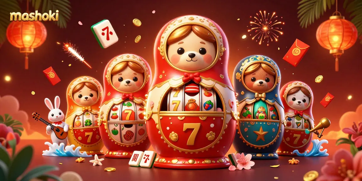 Spin the slot reels with mashoki-themed characters and festive decorations for an exciting casino experience.