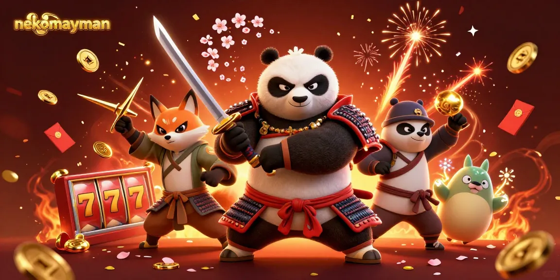 NekoMayMan captivates players with a vibrant 3D illustration featuring samurai panda, ninja fox, and magical tanuki amid slot reels and festive elements.