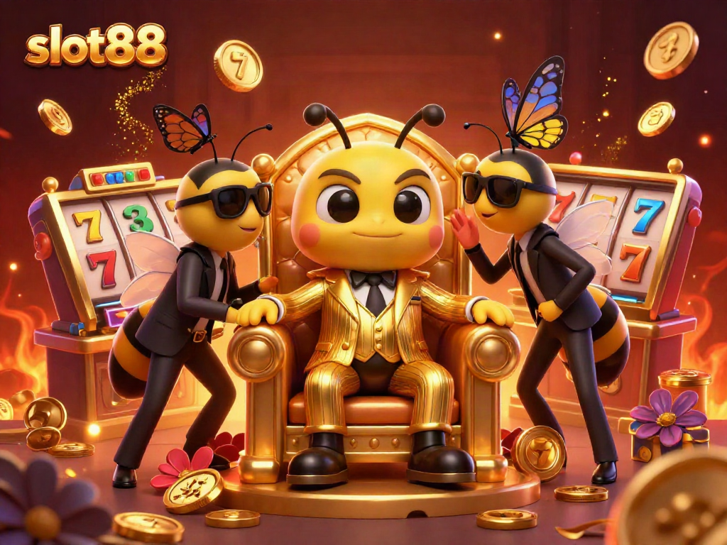 Spin the reels on slot88 with a bumblebee mob boss surrounded by vibrant casino elements.