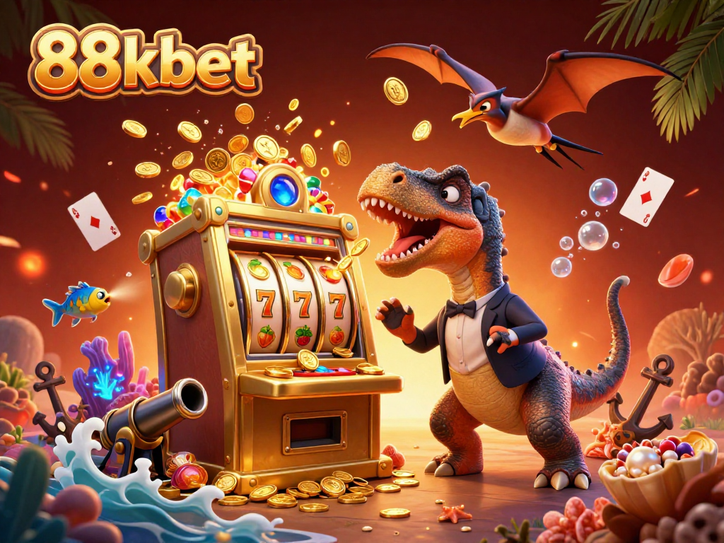 Engage with 88kbet as a cartoon dinosaur wins jackpots alongside a panicking casino manager.