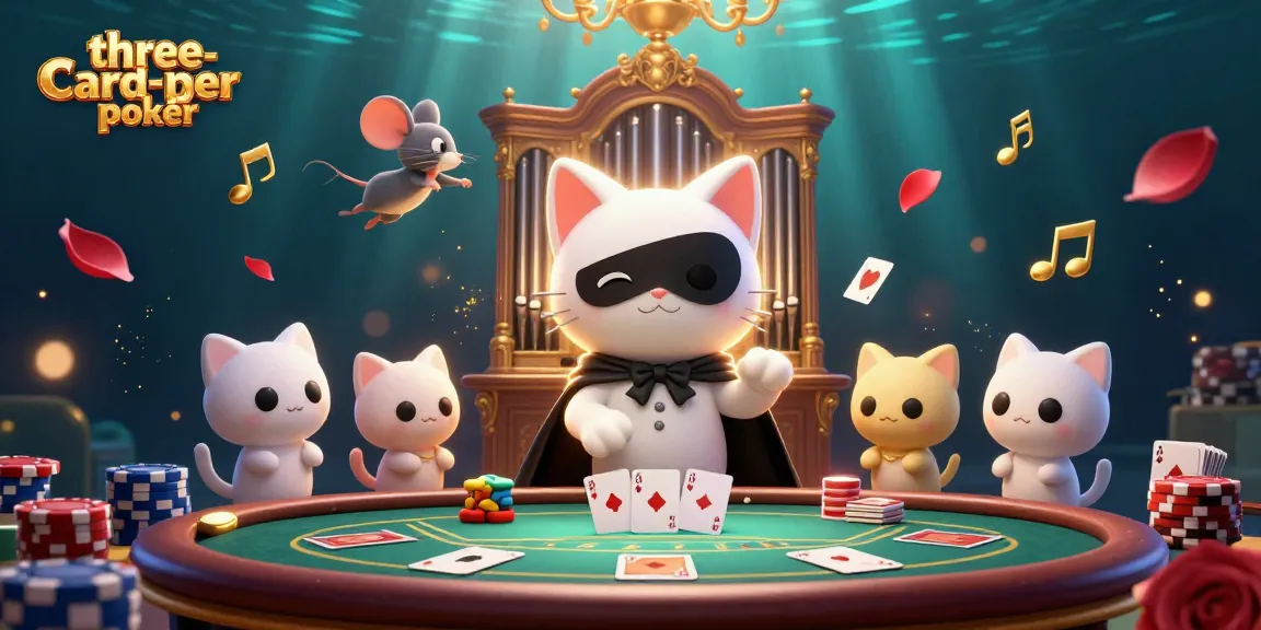 Engage in three-card-poker action with a whimsical casino-themed illustration featuring a masked cat and acrobat.