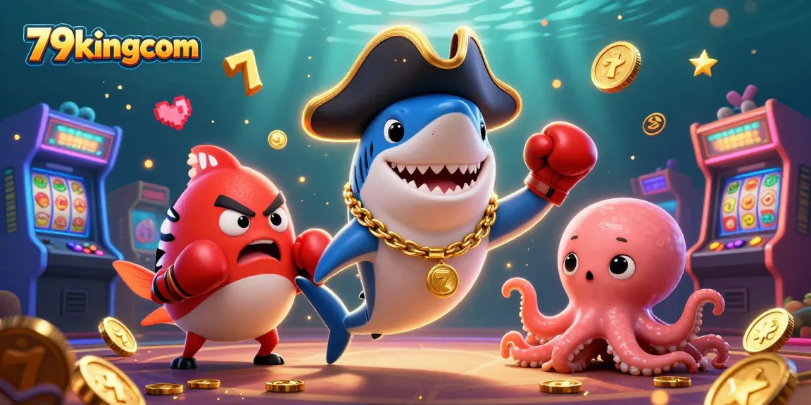 Engage with casino fun at 79kingcom featuring a playful pirate shark and vibrant slot elements.