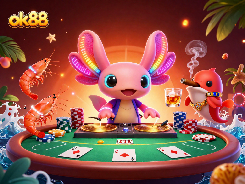 Engage with ok88's vibrant casino world featuring a neon axolotl DJ, poker chips, and dynamic gameplay.