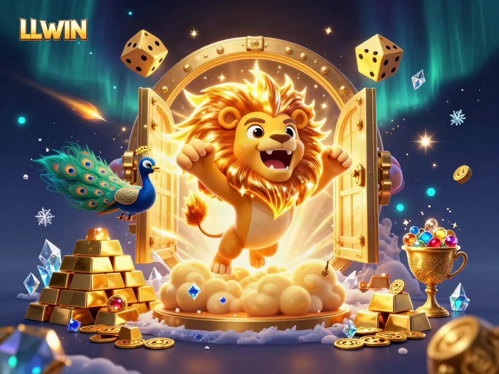 Experience the thrill of LLWIN's vibrant online casino environment with a roaring sun lion amid brilliant treasures.